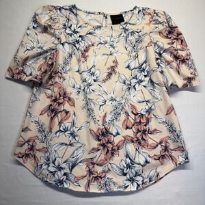 Cottagecore Floral Puff Sleeve Blouse Ivory Coral Navy Romantic Boho Top M